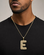 Male model wearing Initial E Bubble Pendant