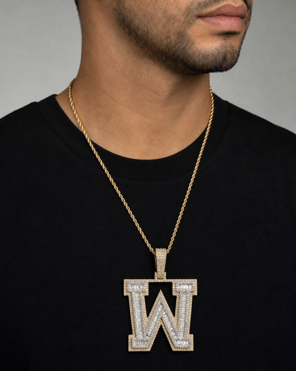 Male model wearing Initial W Baguette Pendant