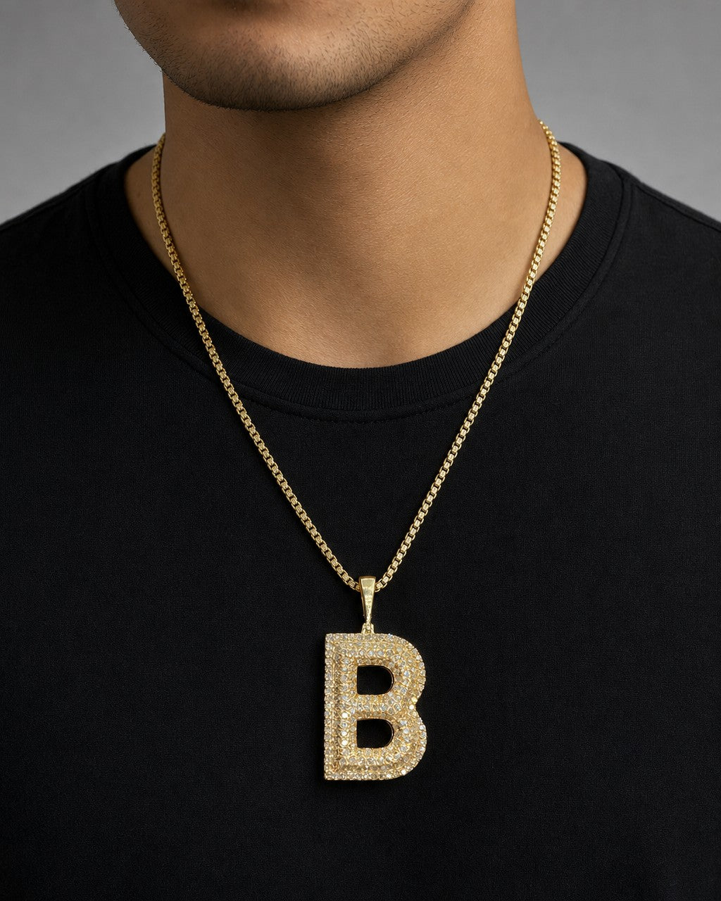 Male model wearing Initial B Bubble Pendant