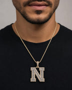Male model wearing Initial N Baguette Pendant
