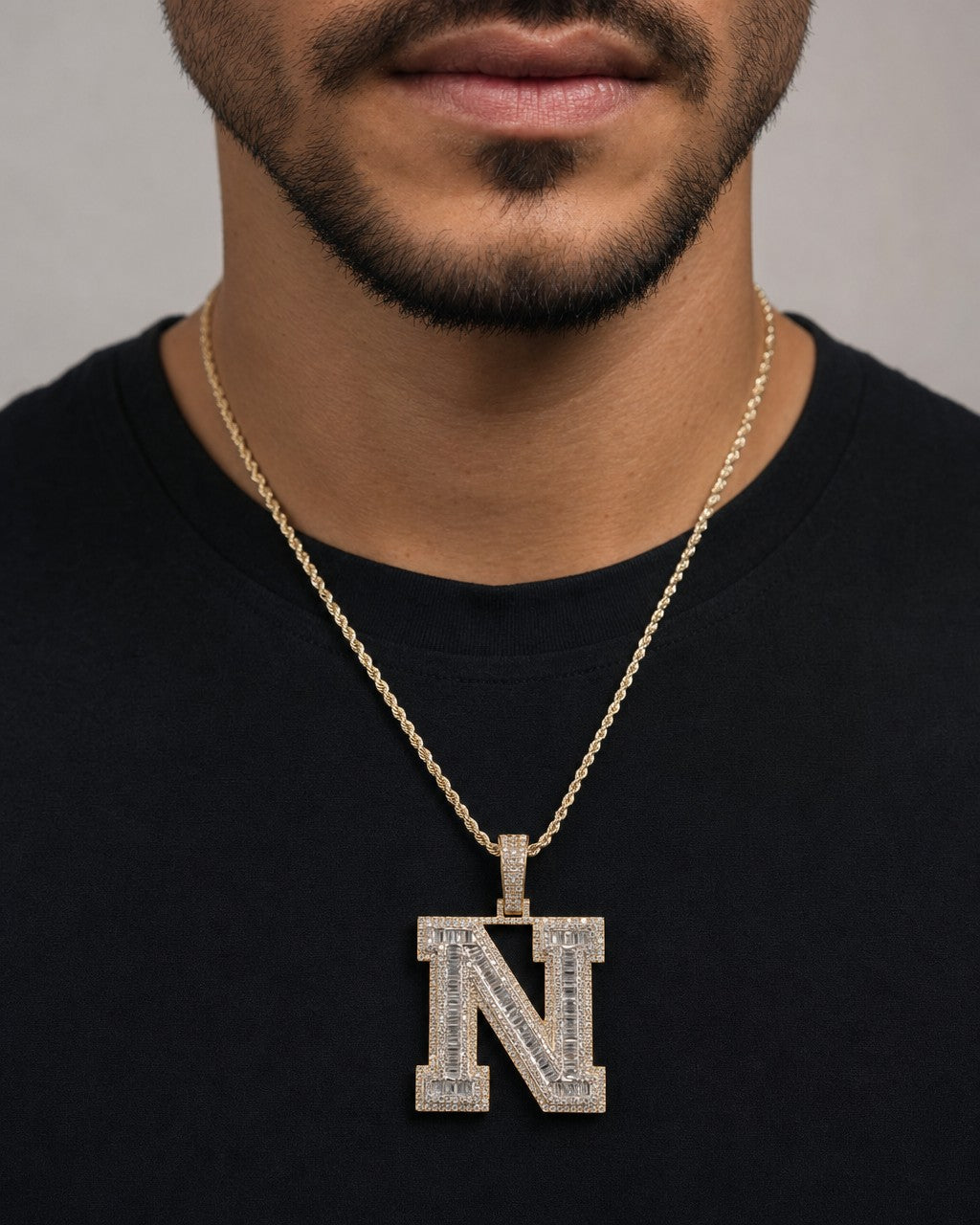 Male model wearing Initial N Baguette Pendant