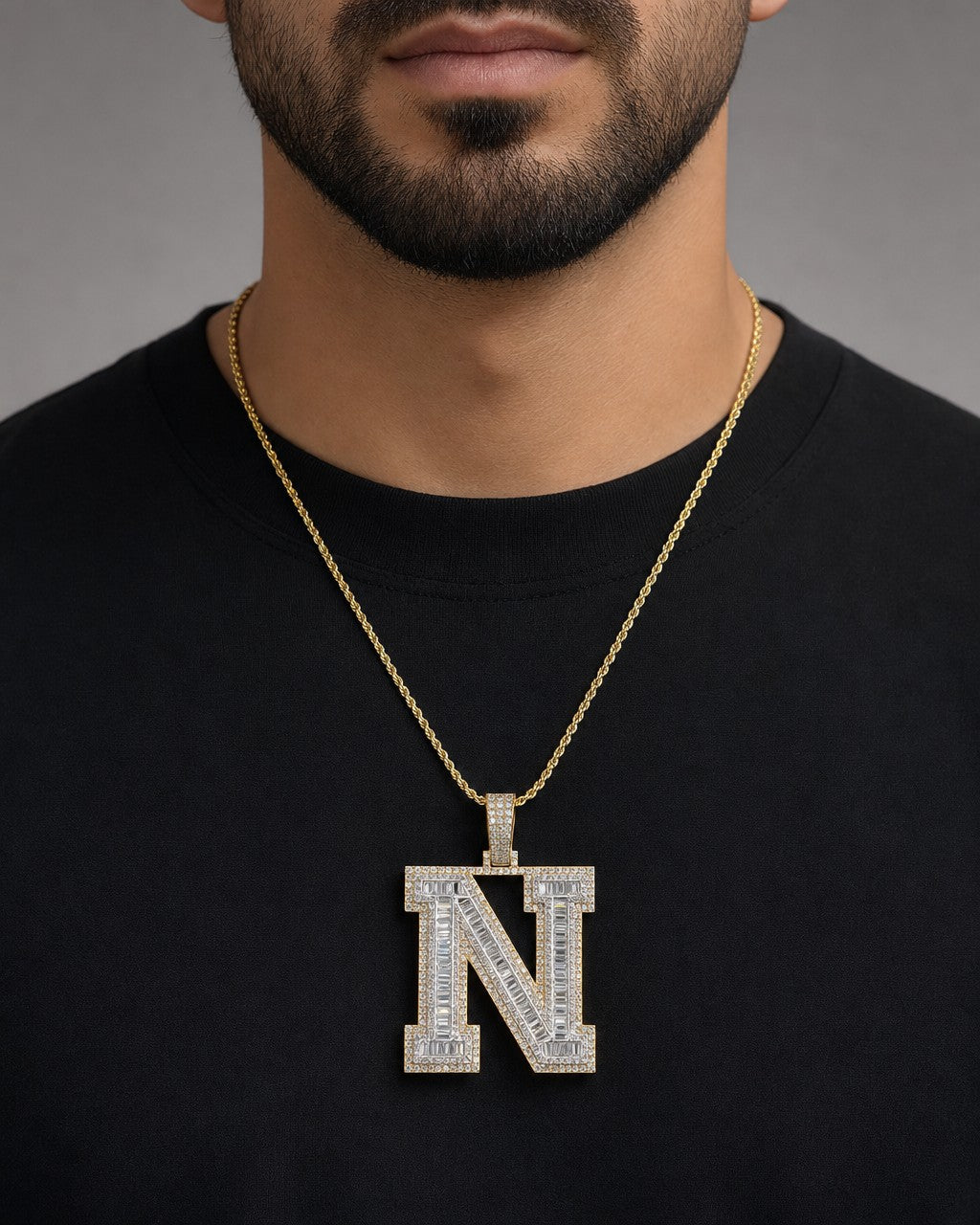 Male model wearing Initial N Baguette Pendant