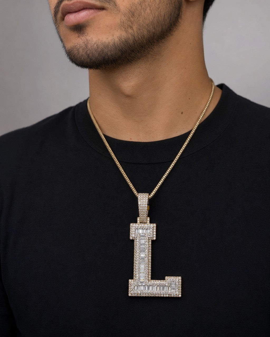 Male model wearing Initial L Baguette Pendant