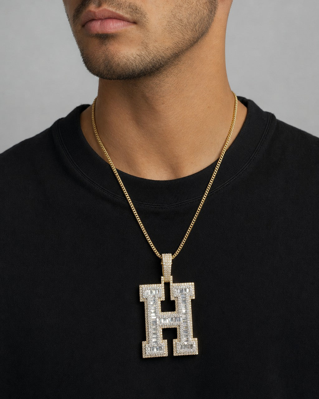 Male model wearing Initial H Baguette Pendant