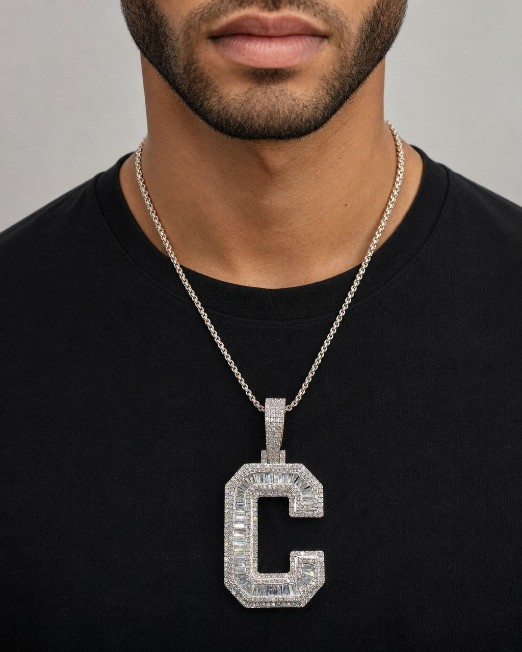 Male model wearing Initial C Baguette Pendant