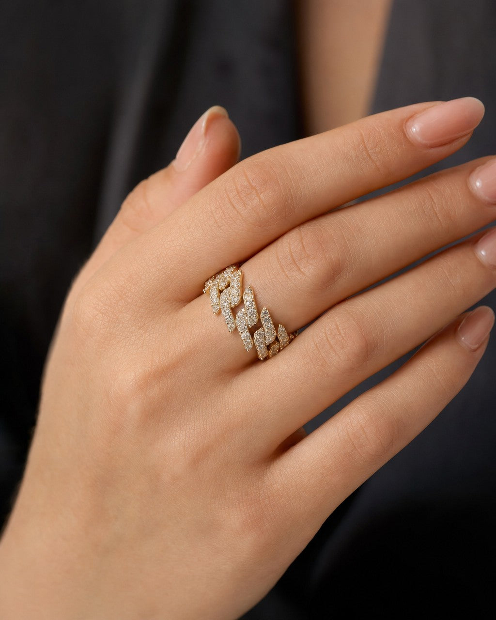 Female model wearing 14K Gold 10MM Eternity Cuban Thorn Diamond Ring