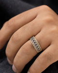 Male model wearing 14K Gold 8MM Iced Cuban Core Link Diamond Ring