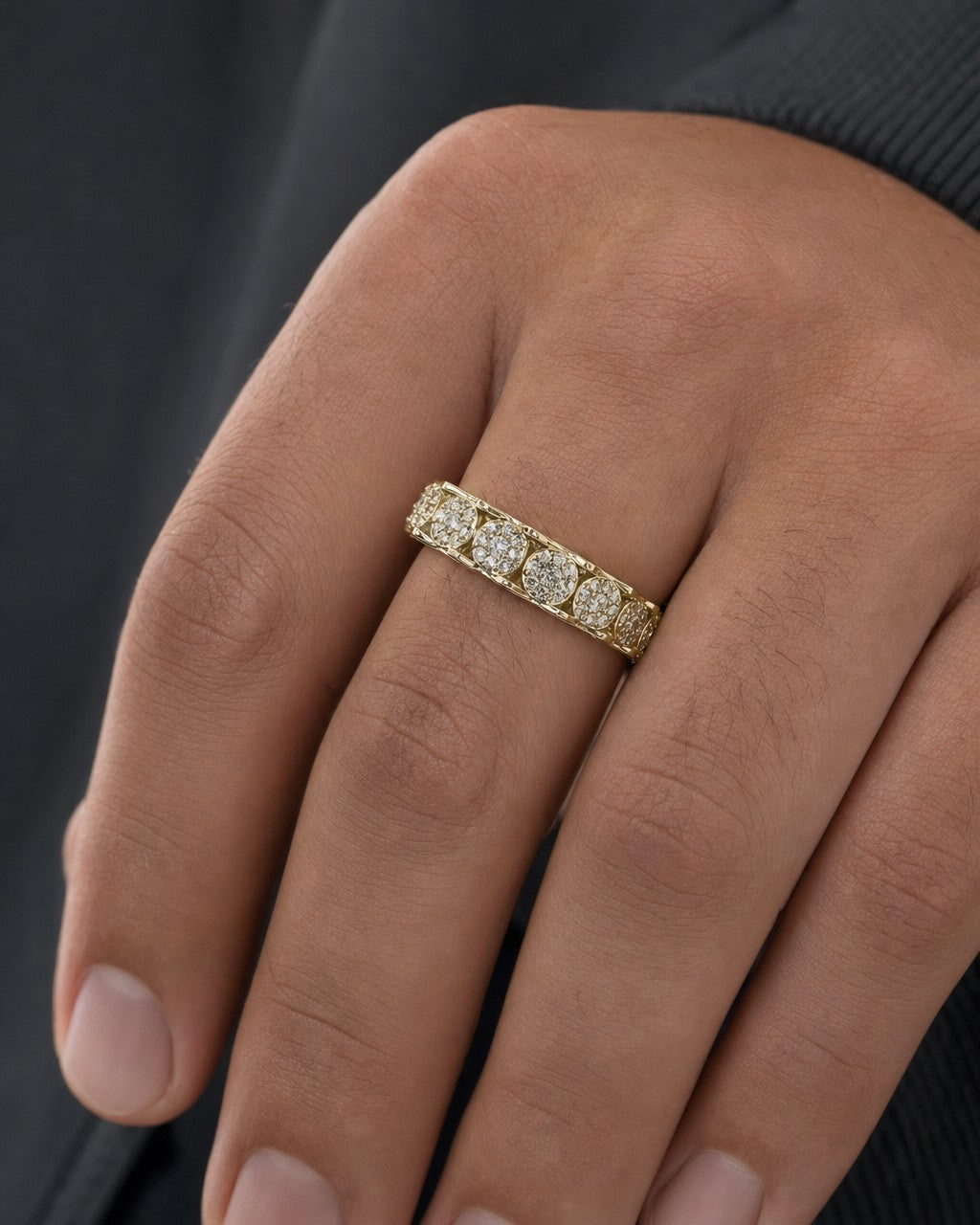 Male model wearing 14K Space Flower Diamond Ring 1.4ct