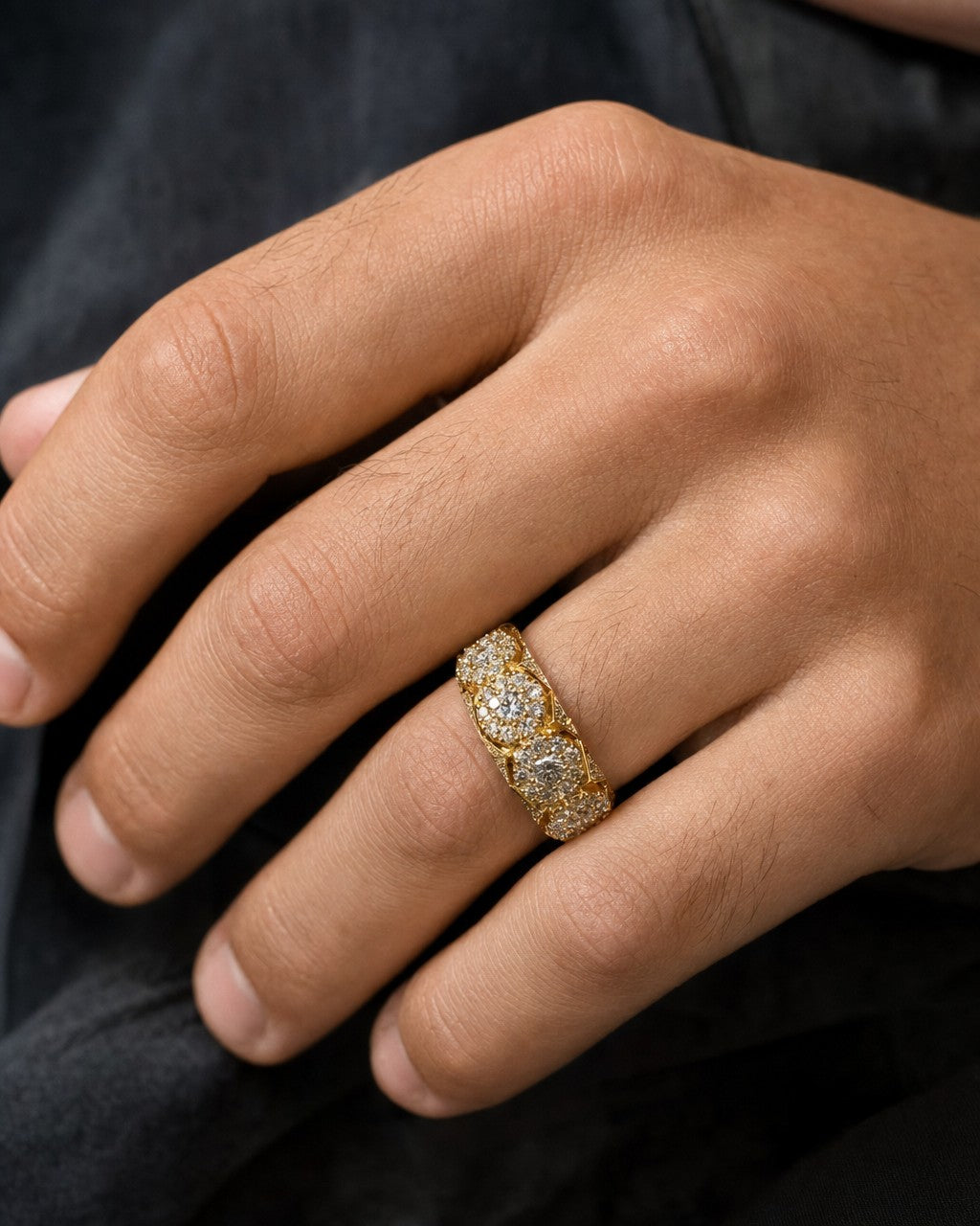 Male model wearing 14K Space Flower Diamond Ring 3.5ct