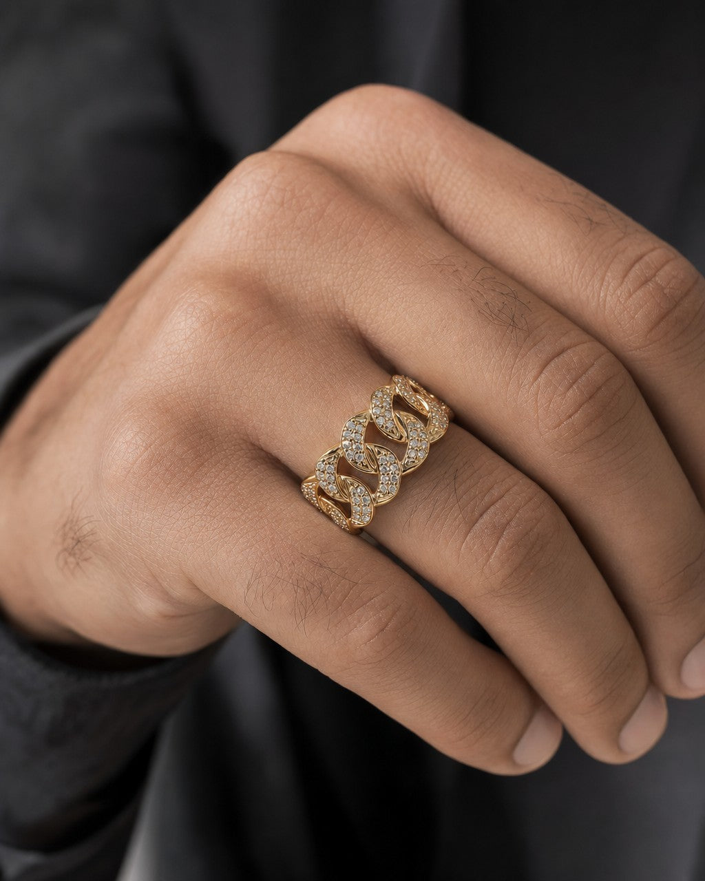 Male model wearing 14K Gold 9MM Rounded Cuban Link Diamond Ring