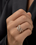 Female model wearing 14K Double Eternity Baguette Cuban Link Ring