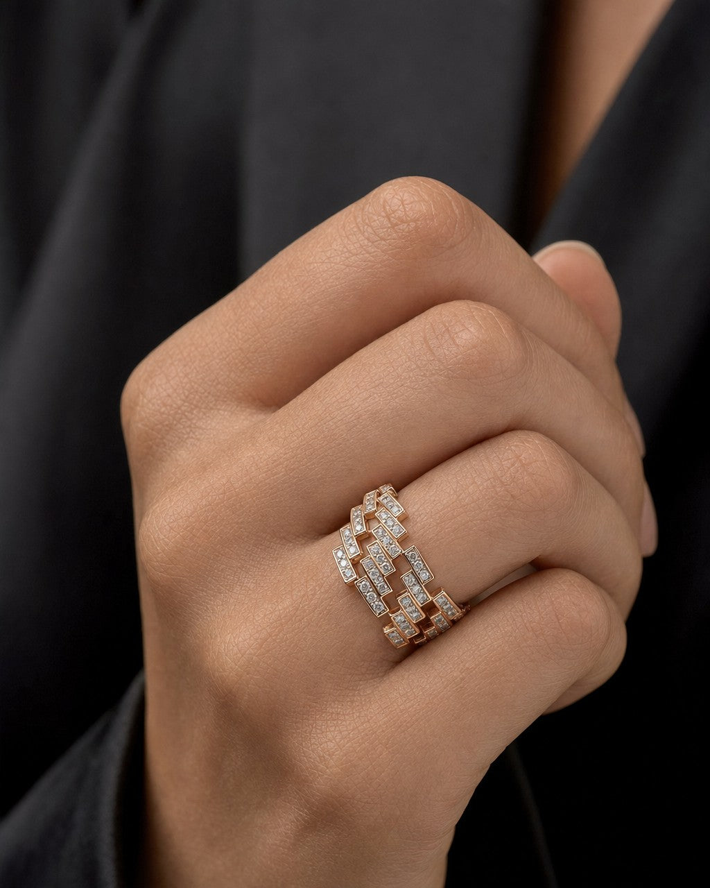 Female model wearing 14K Double Eternity Baguette Cuban Link Ring