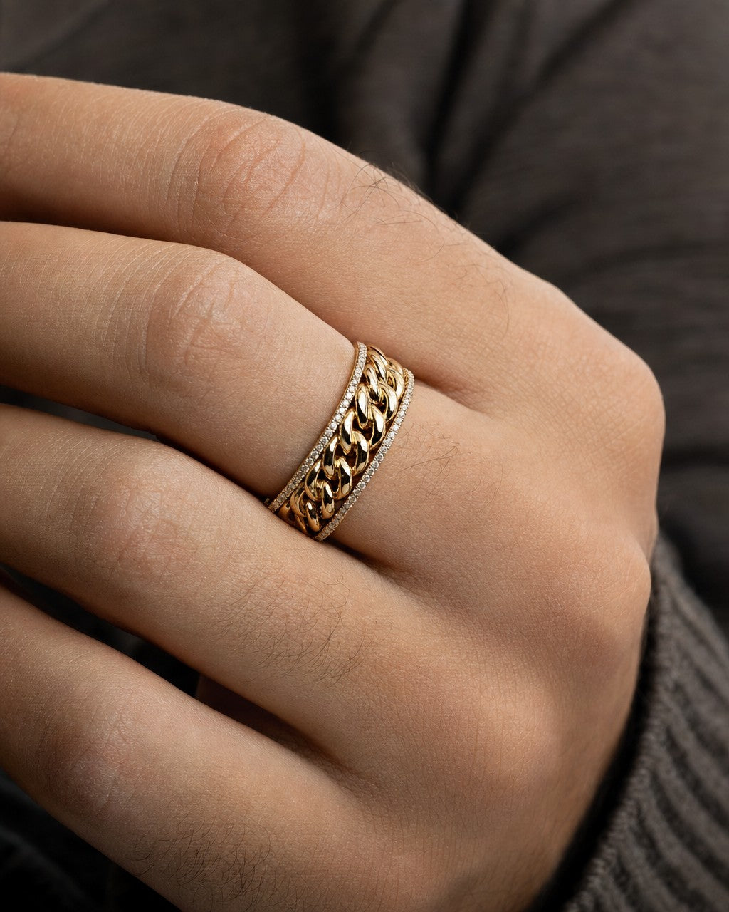 Male model wearing 14K Gold 8MM Cuban Link Banded Diamond Ring