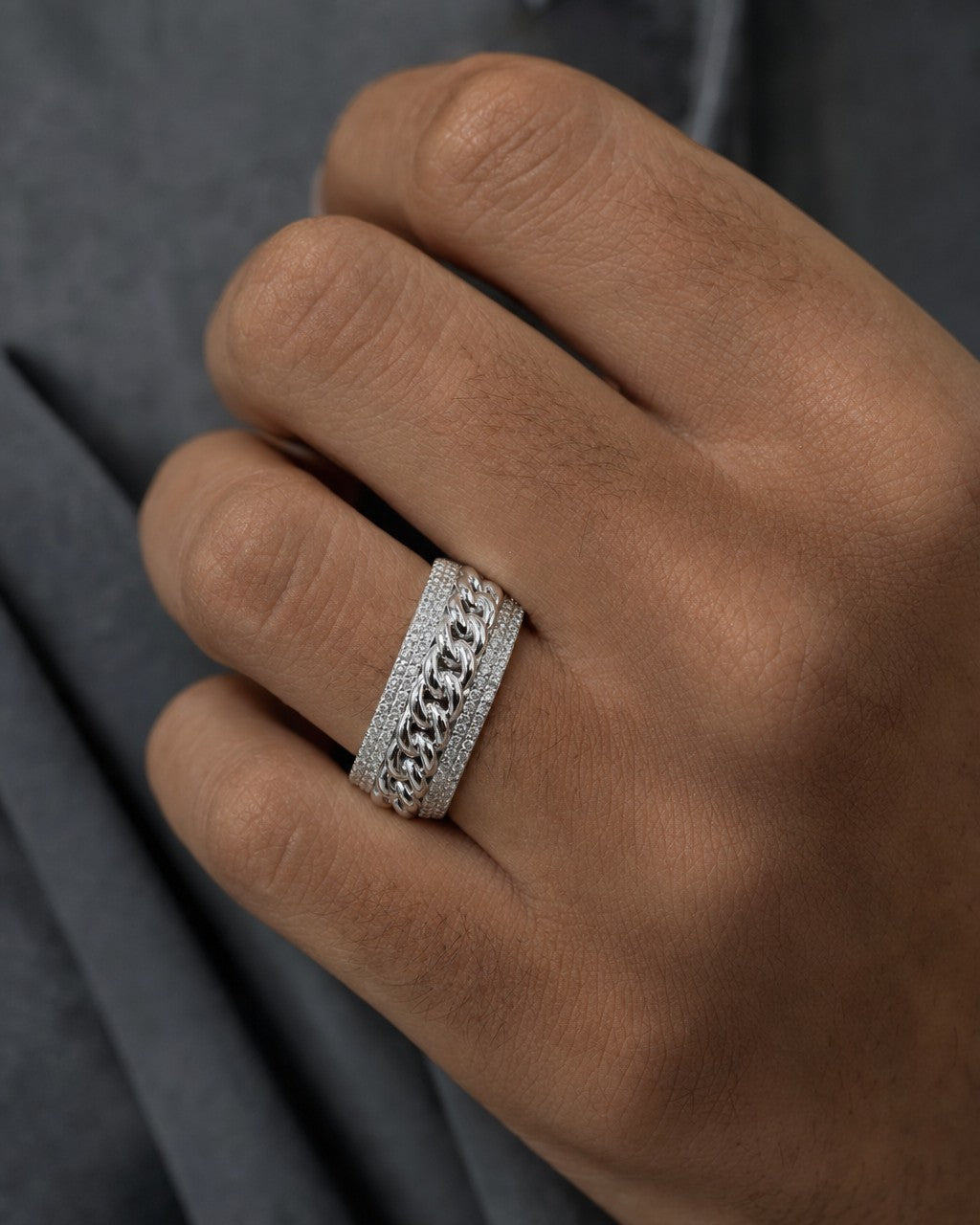 Male model wearing 14K Gold 10MM Cuban Link Banded Diamond Ring