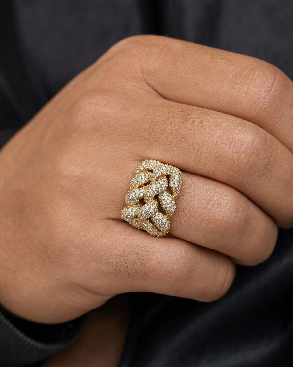 Male model wearing 14K Iced-Out Cuban Link Ring