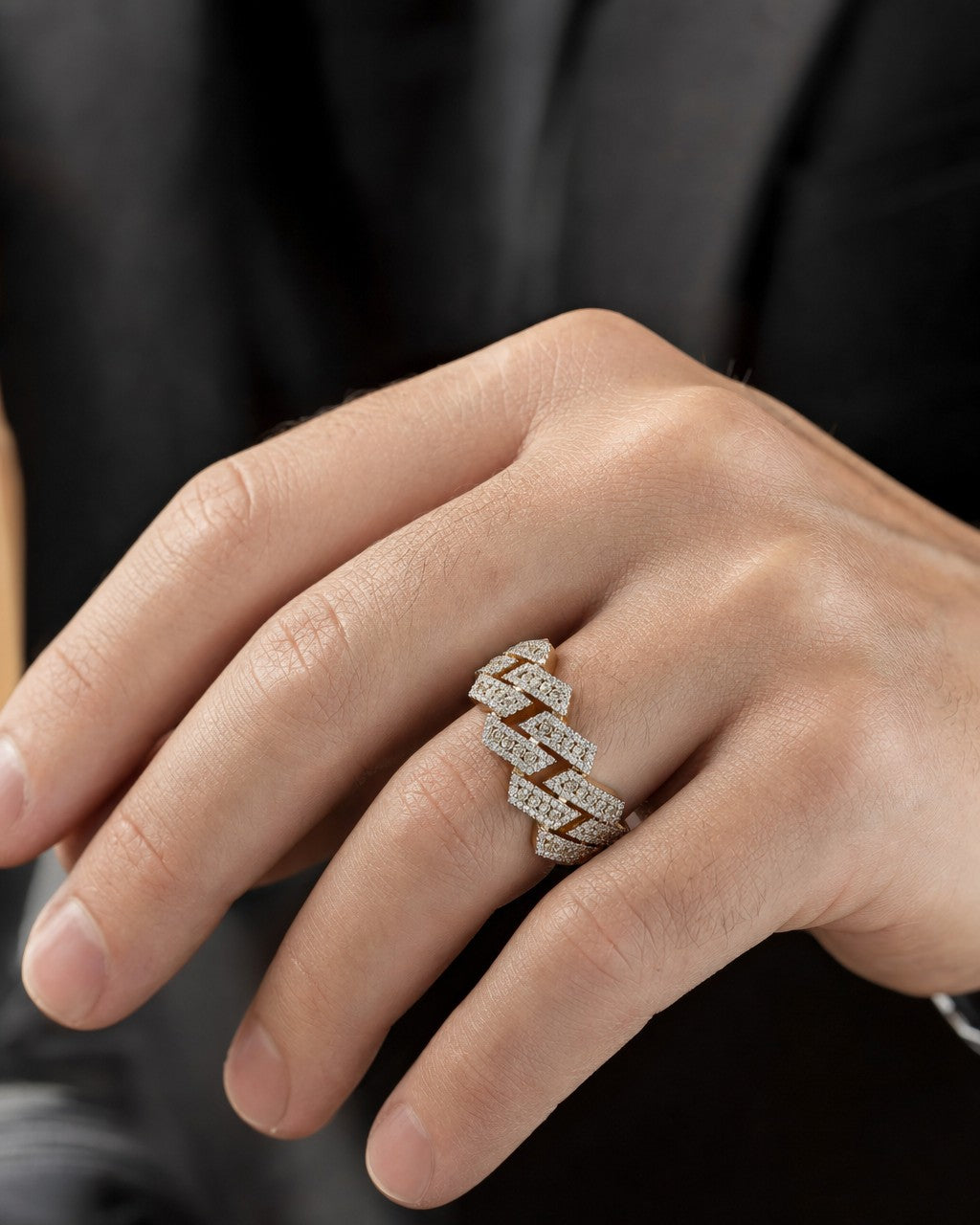 Male model wearing 14K Gold 13MM Hawaiian Cuban Link Diamond Ring