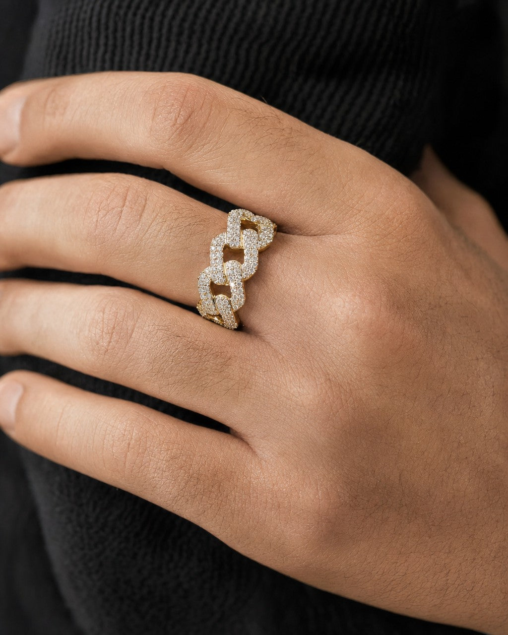 Male model wearing 14K Gold 9MM Cuban Link Diamond Ring