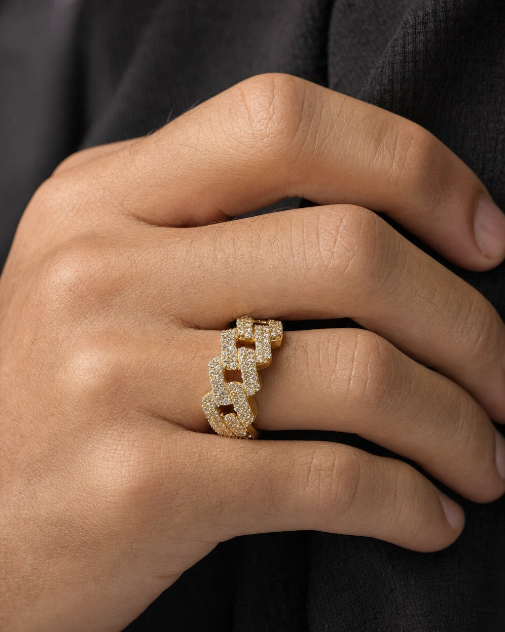 Male model wearing 14K Gold 11MM Cuban Link Diamond Ring