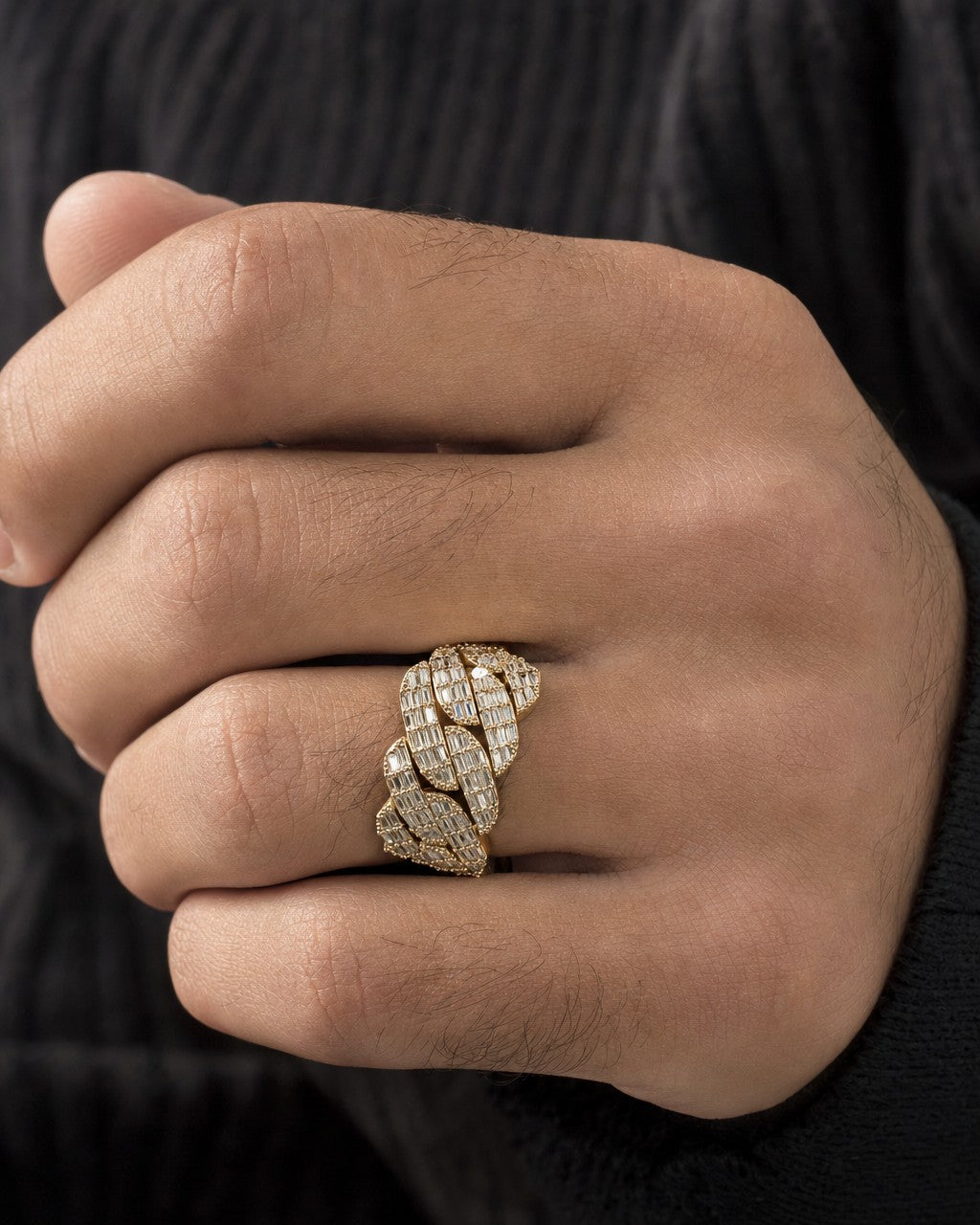 Male model wearing 14K Gold 13MM Snake Cuban Link Diamond Baguette Ring