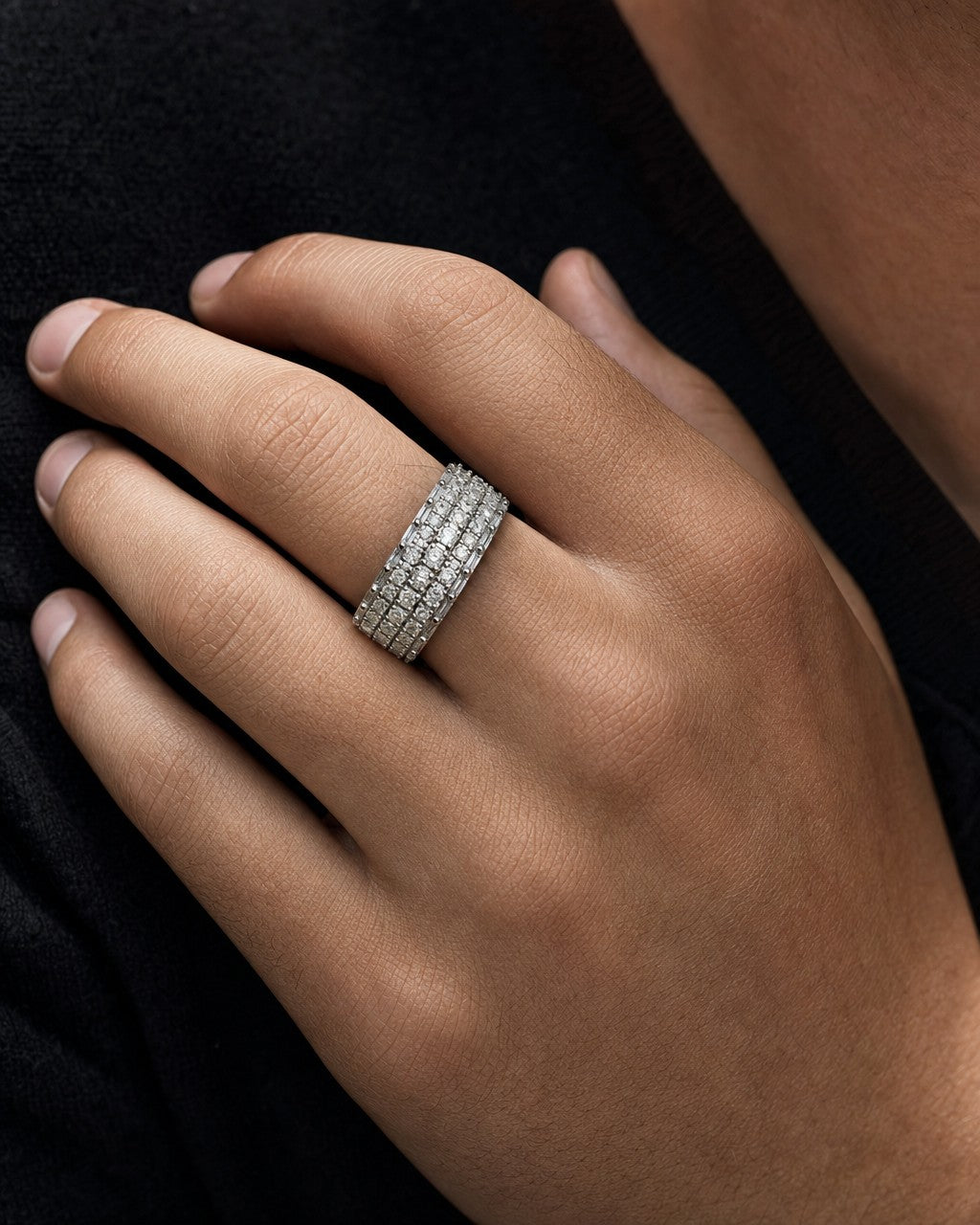 Male model wearing 14K Diamond Baguette California Ring