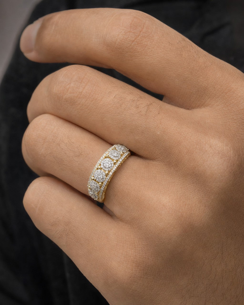 Male model wearing 14K Small Flower Diamond Ring