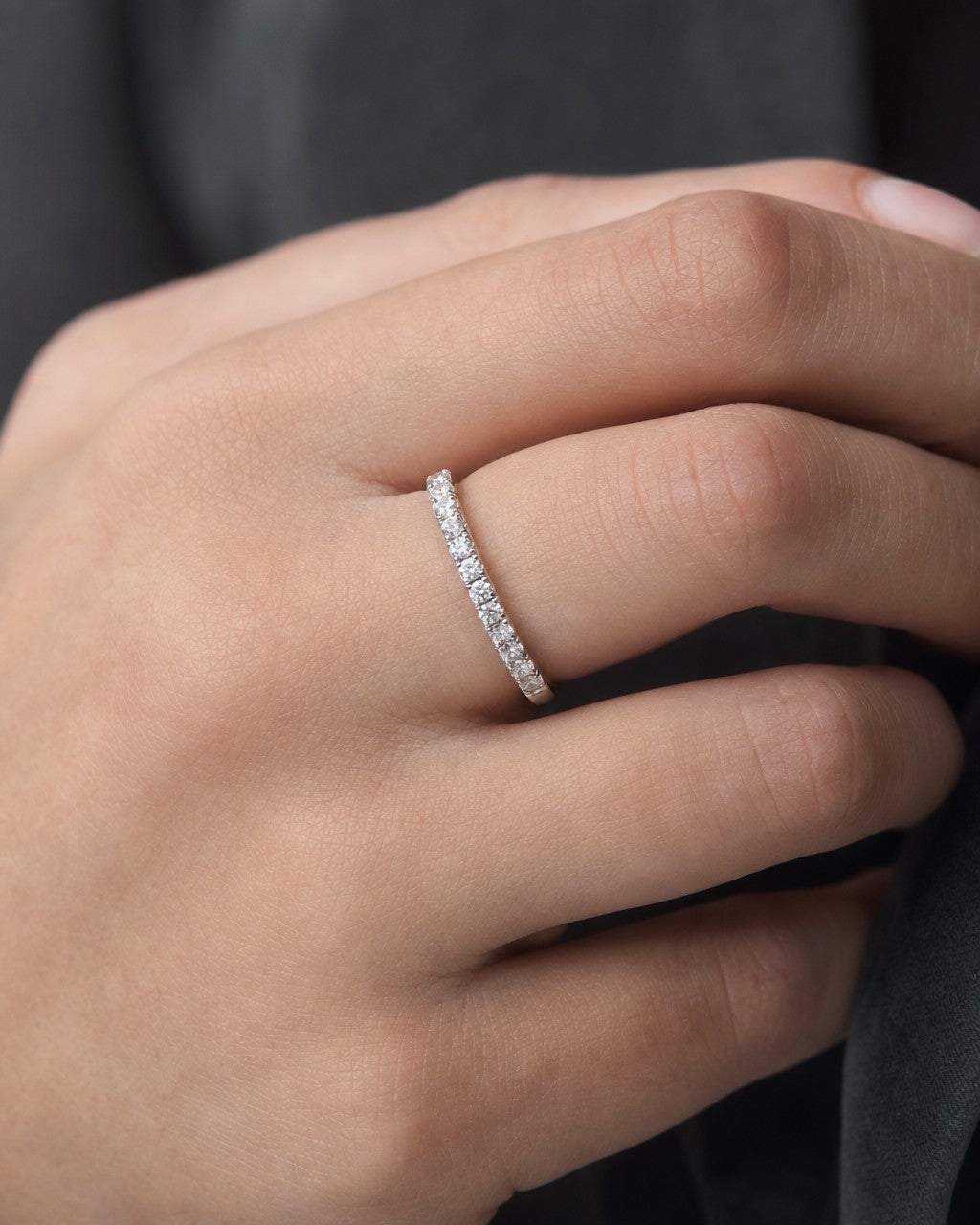Female model wearing 14K Wedding Band Diamond Ring