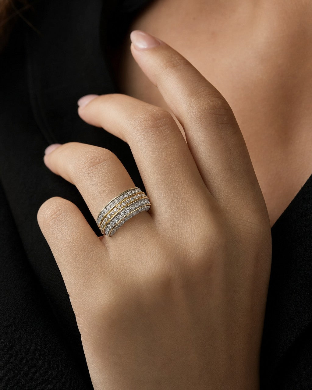 Female model wearing 14K Eternity Three Row Diamond Ring