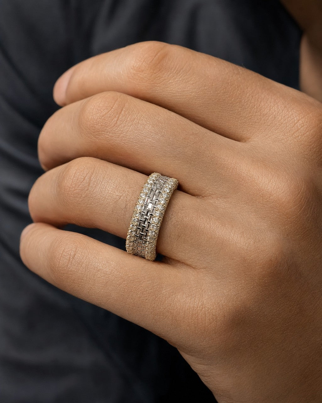 Male model wearing 14K Diamond Baguette Center Ring