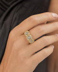 Female model wearing 14K Eternity Diamond Baguette Square Ring