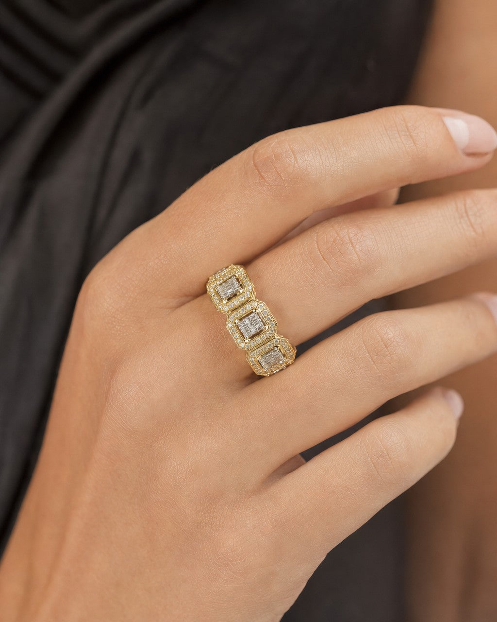 Female model wearing 14K Eternity Diamond Baguette Square Ring