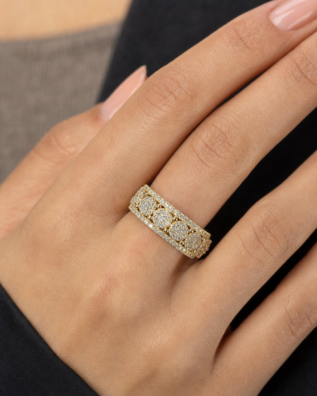 Female model wearing 14K Eternity Flower Diamond Ring 6.8ct
