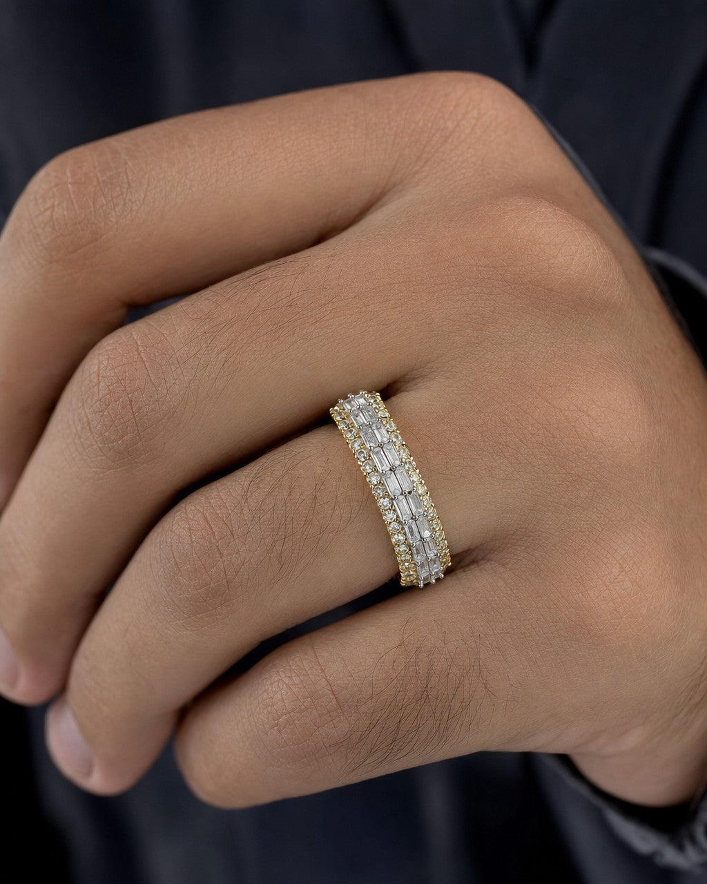 Male model wearing 14K Triple Threat Diamond Baguette Ring