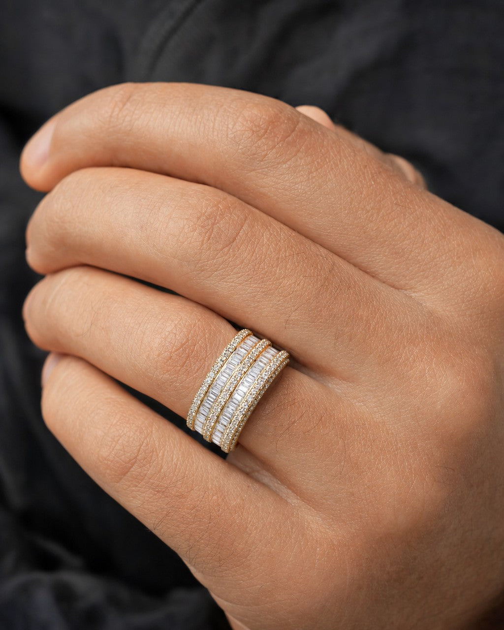 Male model wearing 14K Double Stroke Diamond Baguette Ring