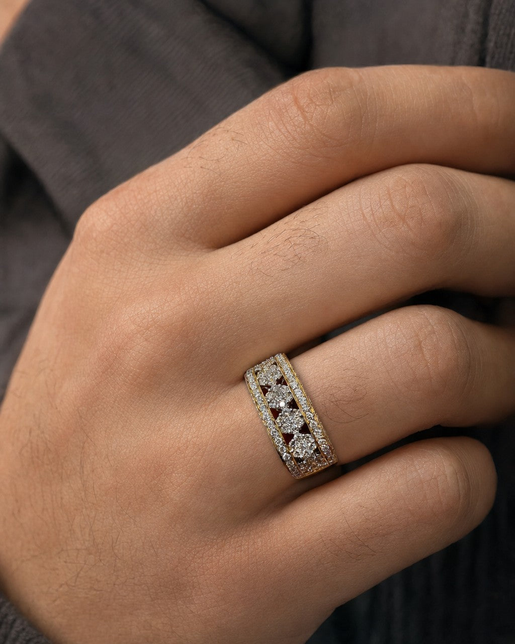 Male model wearing 14K Rectangle Flowers Diamond Ring