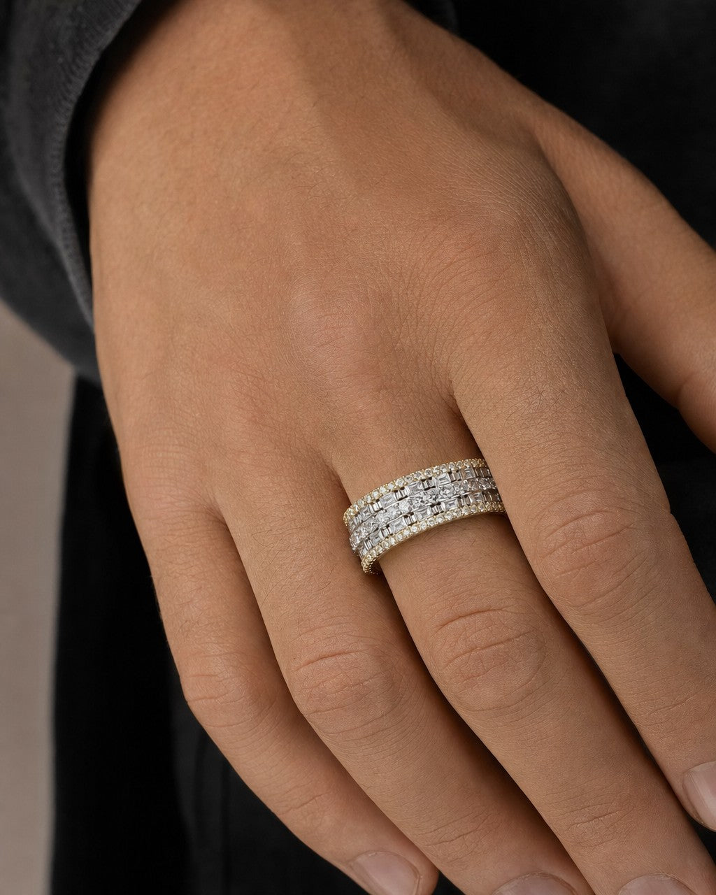 Male model wearing 14K Double Cuffs Diamond Baguette Band