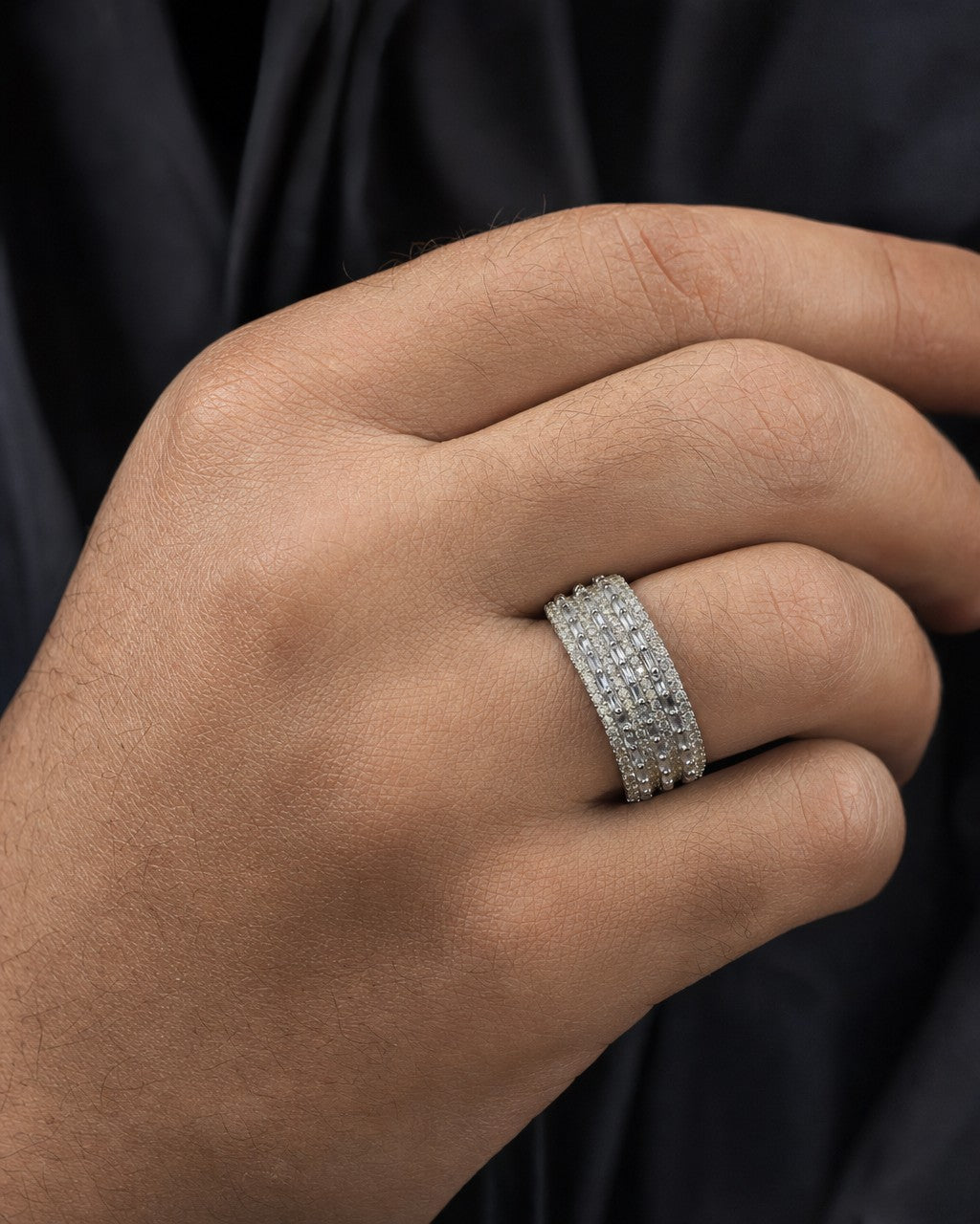 Male model wearing 14K Triple Dash Diamond Baguette Band