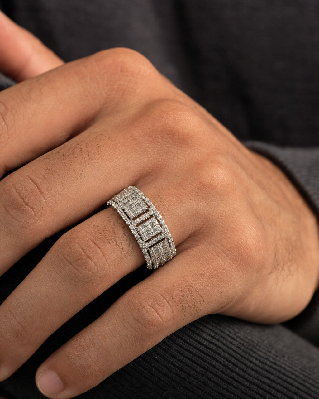 Male model wearing 14K French Diamond Baguette Ring