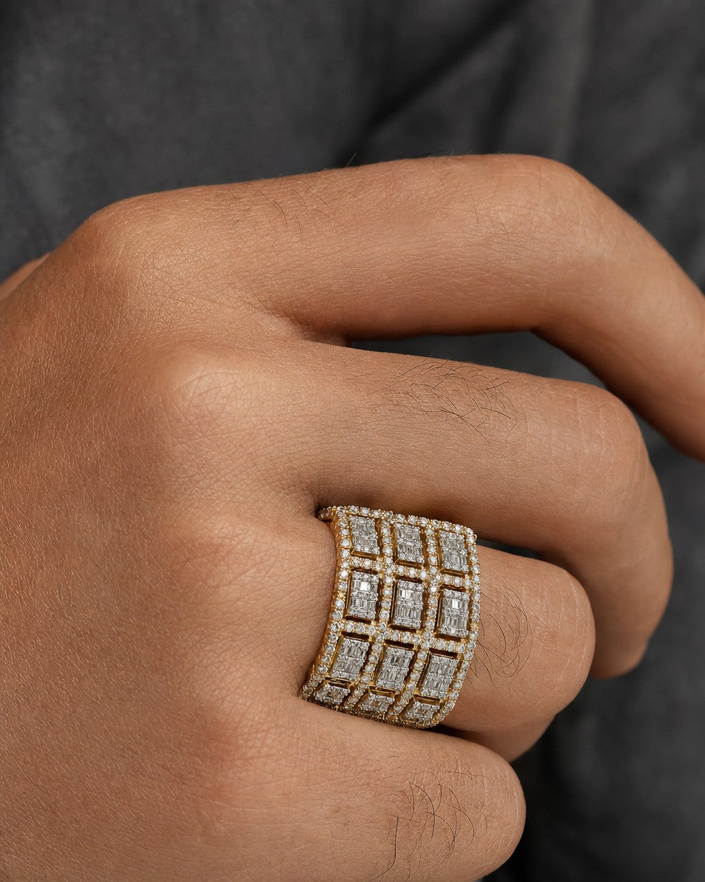 Male model wearing 14K French Dual Diamond Baguette Ring