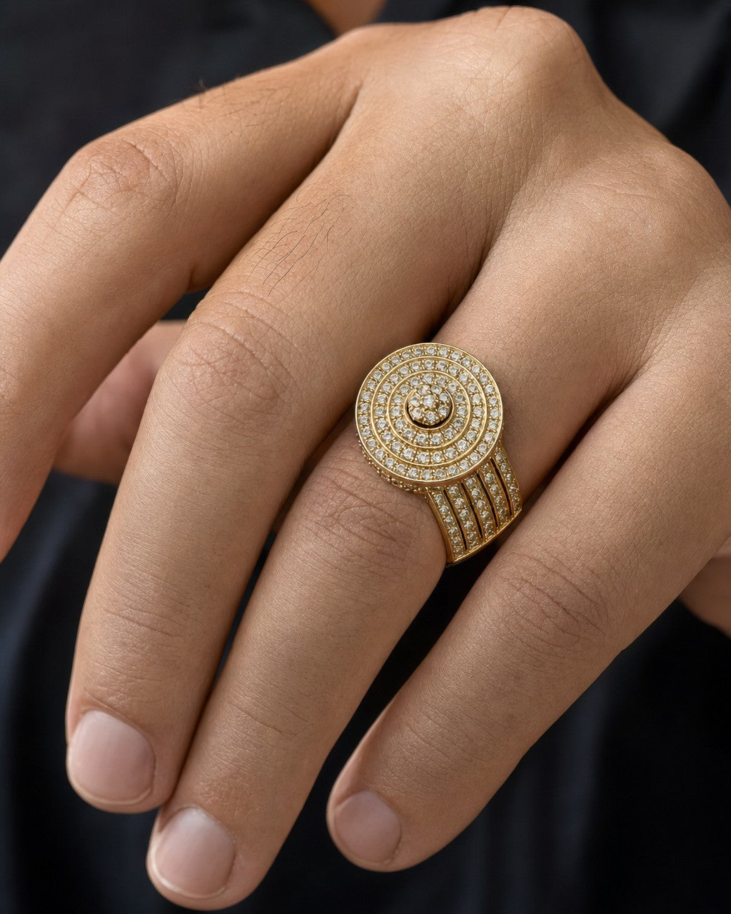 Male model wearing 14K Circle Diamond Wave Ring