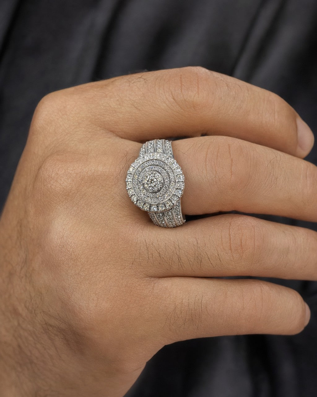Male model wearing 14K Petite Circle Wave Diamond Ring