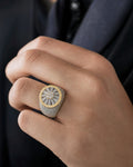 Male model wearing 14K Circle Web Diamond Ring