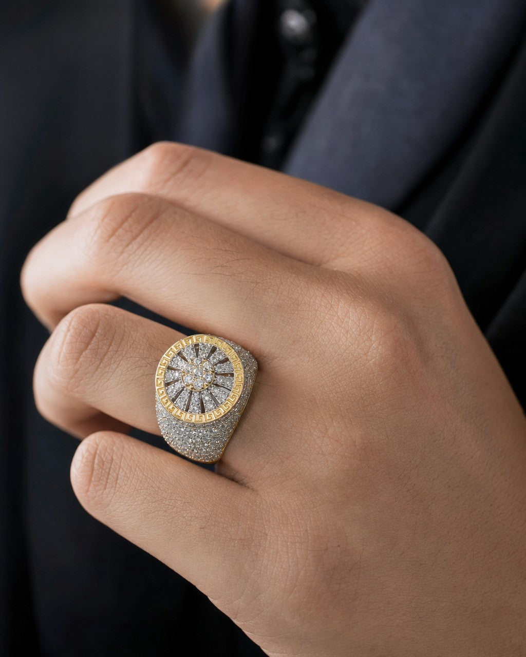 Male model wearing 14K Circle Web Diamond Ring