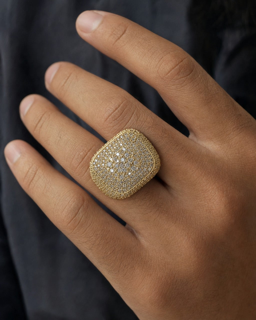Male model wearing 14K Square Jumbo Miami Diamond Ring