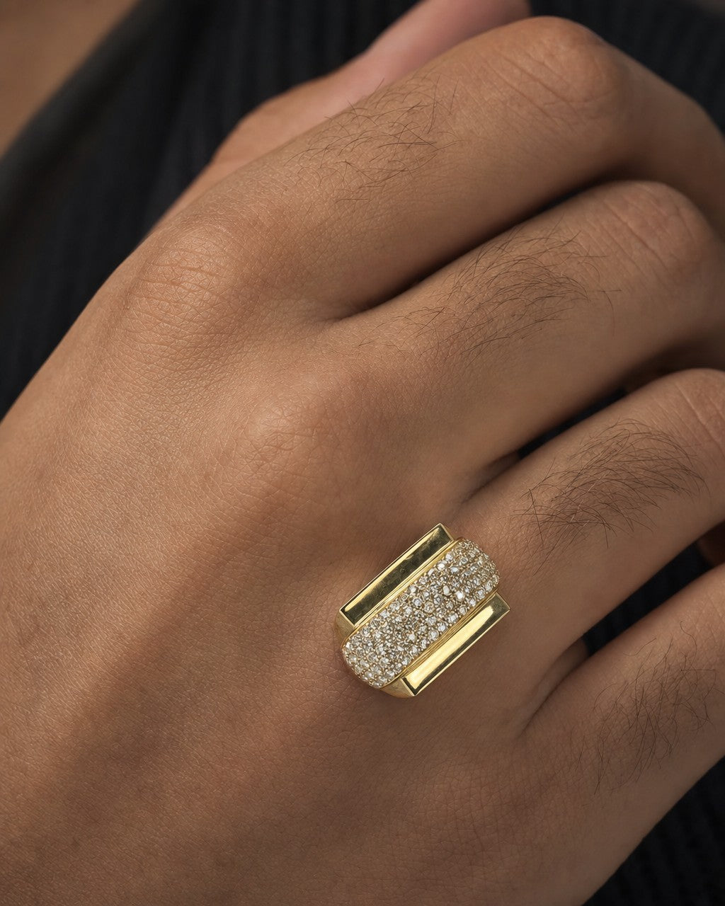 Male model wearing 14K Rectangle Fuego Diamond Ring