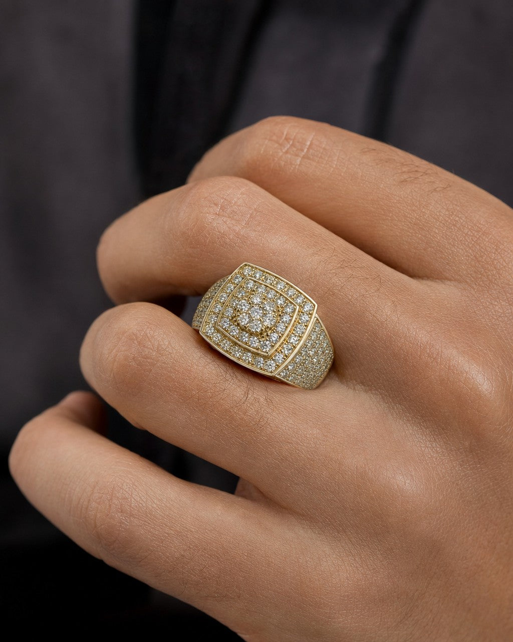 Male model wearing 14K Square Belgian Diamond Ring