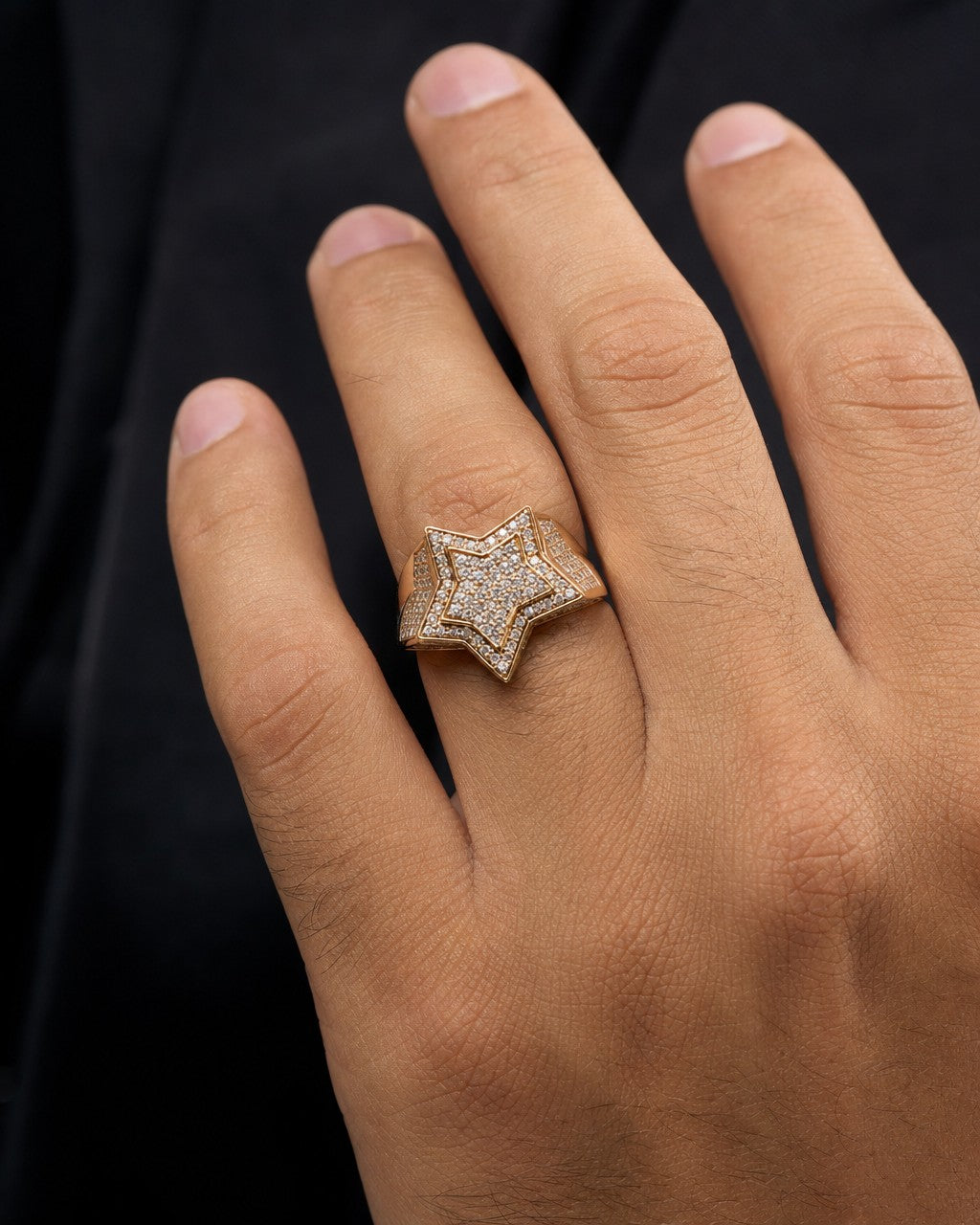 Male model wearing 14K Rose Star Diamond Ring