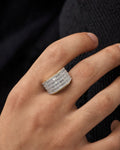 Male model wearing 14K Rectangle Quad-Row Diamond Baguette Ring