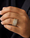 Male model wearing 14K Floral Tower Diamond Ring With Matching Band