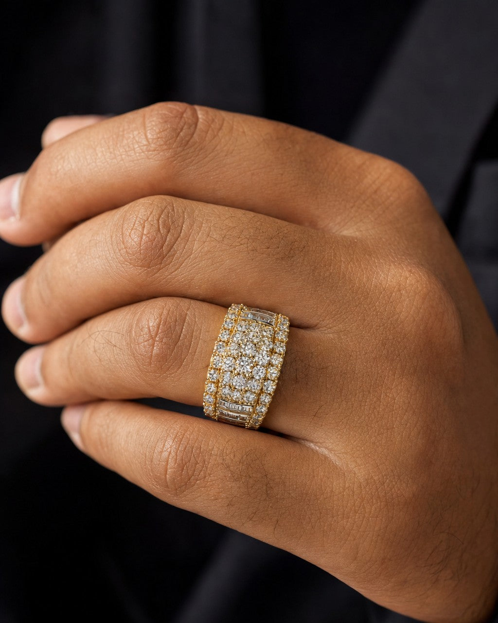 Male model wearing 14K Floral Tower Diamond Ring With Matching Band