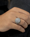 Male model wearing 14K Circle Dome Diamond Baguette Ring